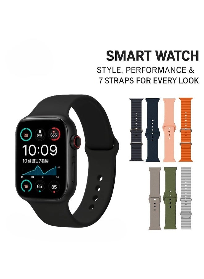 ساعة ذكية الاصدار التاسع شاشة اموليد كاملة لحساب السعرات الحرارية و استقبال الرسائل و المكالمات و تدعم اللغة العربية بسوارين مقاس 45 مم-  أسود - Image 5